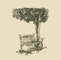 Vintage picture of a bench under a tree Royalty Free Stock Photo