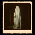 vintage picture of draped ghost haunting the hallway of an old victorian house