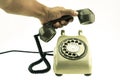 Vintage picture style of new smart phone with old telephone on white background. New communication technology Royalty Free Stock Photo