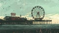 Vintage Pier with Ferris Wheel Illustration. Nostalgic seaside graphic illustration Royalty Free Stock Photo