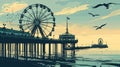 Vintage Pier with Ferris Wheel Illustration. Nostalgic seaside graphic illustration Royalty Free Stock Photo