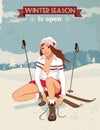 Vintage pin-up girl with skis poster Royalty Free Stock Photo