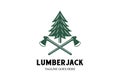 Vintage Pine Evergreen Cedar Conifer Fir Larch Cypress Tree with Crossed Ax Hatchet for Wood Lumberjack or Timber Logo Design