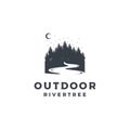 Vintage Pine Forests with River Illustration Hand Drawing Logo Design Vector