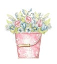 Watercolor rose bucket with bouquet with vintage spring flowers