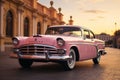 Vintage pink car wallpaper, a timeless charm in a retro urban setting.