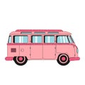 Vintage pink coach bus. Flat hippie van isolated on white background. Summer tourist bus family travel. RV Travel for