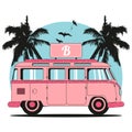 Vintage pink coach bus with palm. Flat hippie van design for tshirt. Summer tourist bus family travel. RV Travel for