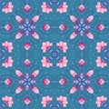 Vintage pink petal flower illustration seamless pattern on blue background, abstract flora arranged mandalas repeat patterns for c Royalty Free Stock Photo