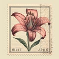 Vintage Lily Flower Postage Stamp With Mid-century Illustration Style Royalty Free Stock Photo