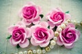 Vintage pink rose and pearl necklace. Royalty Free Stock Photo