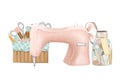 Vintage pink sewing machine and embroidery and needlework accessories and attributes