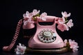 Vintage pink telephone with dial and flowers. Generative AI Royalty Free Stock Photo