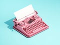 Vintage pink typewriter on blue background with space for text