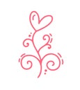 Vintage Pink Vector monoline flower with heart. Valentines Day Hand Drawn icon. Holiday sketch doodle Design plant Royalty Free Stock Photo