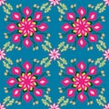 Vintage pink wreath flower illustration seamless pattern on blue background, abstract flora arranged mandalas repeat patterns for Royalty Free Stock Photo