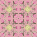 Vintage pink yellow flower illustration seamless pattern on pink background, abstract flora arranged mandalas repeat patterns for Royalty Free Stock Photo