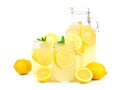 Vintage pitcher of lemonade with mason jar glasses over white