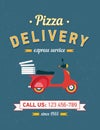 Vintage pizza delivery poster with red moto bike