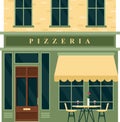 Vintage pizzeria cafe restaurant house building facade vector illustration. Cartoon European city street with building