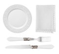 Vintage plate, knife, fork and napkin isolated on white background