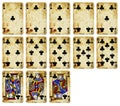 Vintage Playing cards of Clubs suit isolated on white Royalty Free Stock Photo