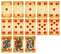 Vintage Playing cards of Hearts suit isolated on white background Royalty Free Stock Photo