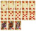 Vintage Playing cards of Hearts suit isolated on white Royalty Free Stock Photo