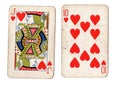 Vintage playing cards showing a jack and ten of hearts. Royalty Free Stock Photo