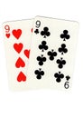 Vintage playing cards showing a pair of nines. Royalty Free Stock Photo