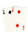 Vintage playing cards showing a pair of twos. Royalty Free Stock Photo