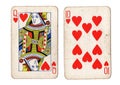 Vintage playing cards showing a queen and ten of hearts. Royalty Free Stock Photo