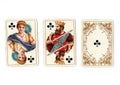 Vintage playing cards showing a run of a queen and king and ace of clubs. Royalty Free Stock Photo