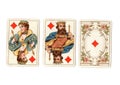 Vintage playing cards showing a run of a queen and king and ace of diamonds. Royalty Free Stock Photo