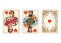 Vintage playing cards showing a run of a queen and king and ace of hearts. Royalty Free Stock Photo