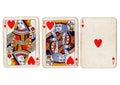 Vintage playing cards showing a run of queen, king and ace of hearts. Royalty Free Stock Photo