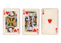 Vintage playing cards showing a run of queen, king and ace of hearts. Royalty Free Stock Photo