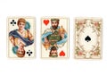 Vintage playing cards showing a run of a queen and king and ace. Royalty Free Stock Photo