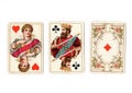 Vintage playing cards showing a run of a queen and king and ace. Royalty Free Stock Photo