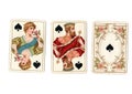 Vintage playing cards showing a run of a queen and king and ace of spades. Royalty Free Stock Photo