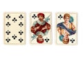 Vintage playing cards showing a run of a ten, jack and queen of clubs. Royalty Free Stock Photo