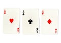 Vintage playing cards showing three aces. Royalty Free Stock Photo