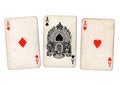 Vintage playing cards showing three aces. Royalty Free Stock Photo