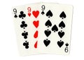 Vintage playing cards showing three nines. Royalty Free Stock Photo