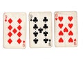 Vintage playing cards showing three nines. Royalty Free Stock Photo