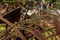 vintage plowing machine. old farm machinery. Old rusty plow. Nobody, selective focus Royalty Free Stock Photo