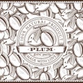 Vintage Plum Label On Seamless Pattern