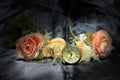 Vintage pocket clock with rose flower on black fabric background. Love of time concept. still life style