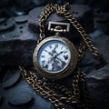 Vintage pocket gold watch with a chain on a dark background. An old round clock with a lid on a chain. The concept of Royalty Free Stock Photo