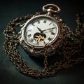 Vintage pocket gold watch with a chain on a dark background. An old round clock with a lid on a chain. The concept of Royalty Free Stock Photo